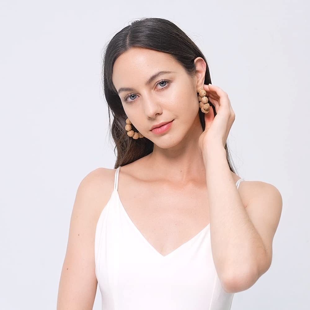 Rattan Earrings Summer Boho Raffia Ball Hoop Dangle Earring for Women Girls Lightweight Straw Wicker Statement Bohemian Beach Ear Jewelry Gifts