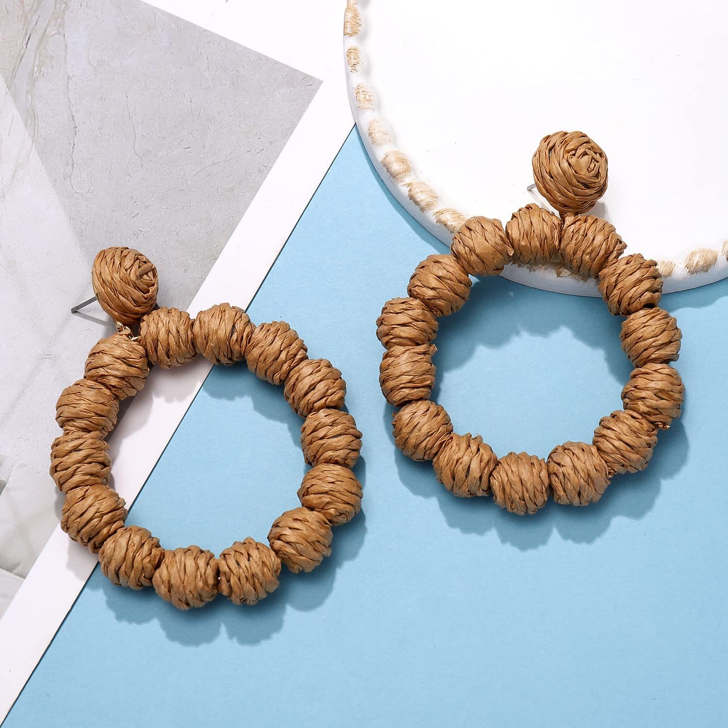 Rattan Earrings Rattan Ball Hoop Dangle Earrings for Women Handmade Bohemia Earrings Braid Straw Wicker Raffia Earrings Summer Beach Accessory Gifts