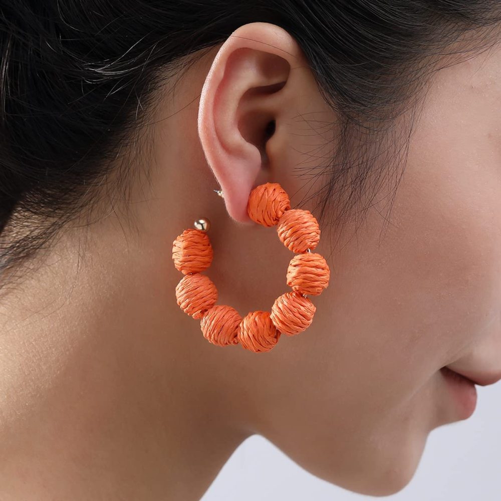 Rattan Earrings Summer Boho Raffia Ball Hoop Dangle Earring for Women Girls Lightweight Straw Wicker Statement Bohemian Beach Ear Jewelry Gifts