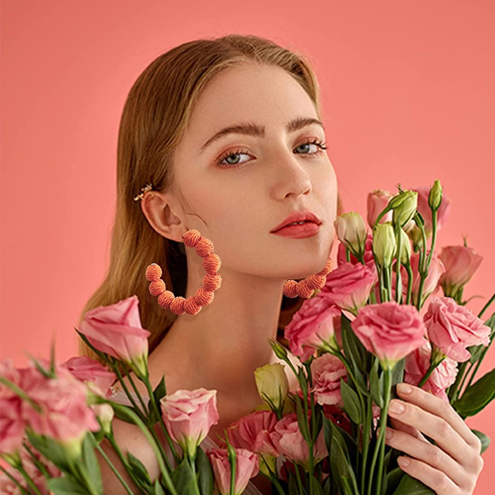 Rattan Earrings Summer Boho Raffia Ball Hoop Dangle Earring for Women Girls Lightweight Straw Wicker Statement Bohemian Beach Ear Jewelry Gifts