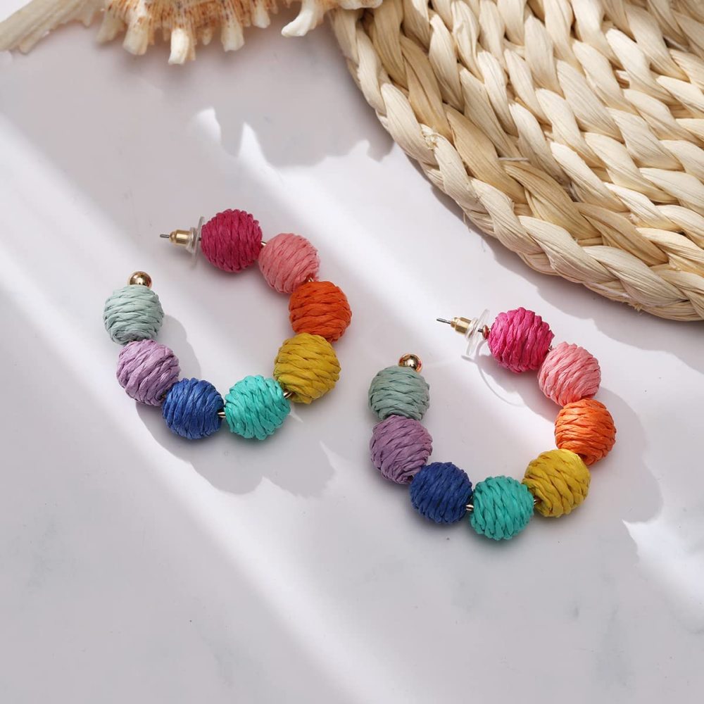 Rattan Earrings Summer Boho Raffia Ball Hoop Dangle Earring for Women Girls Lightweight Straw Wicker Statement Bohemian Beach Ear Jewelry Gifts