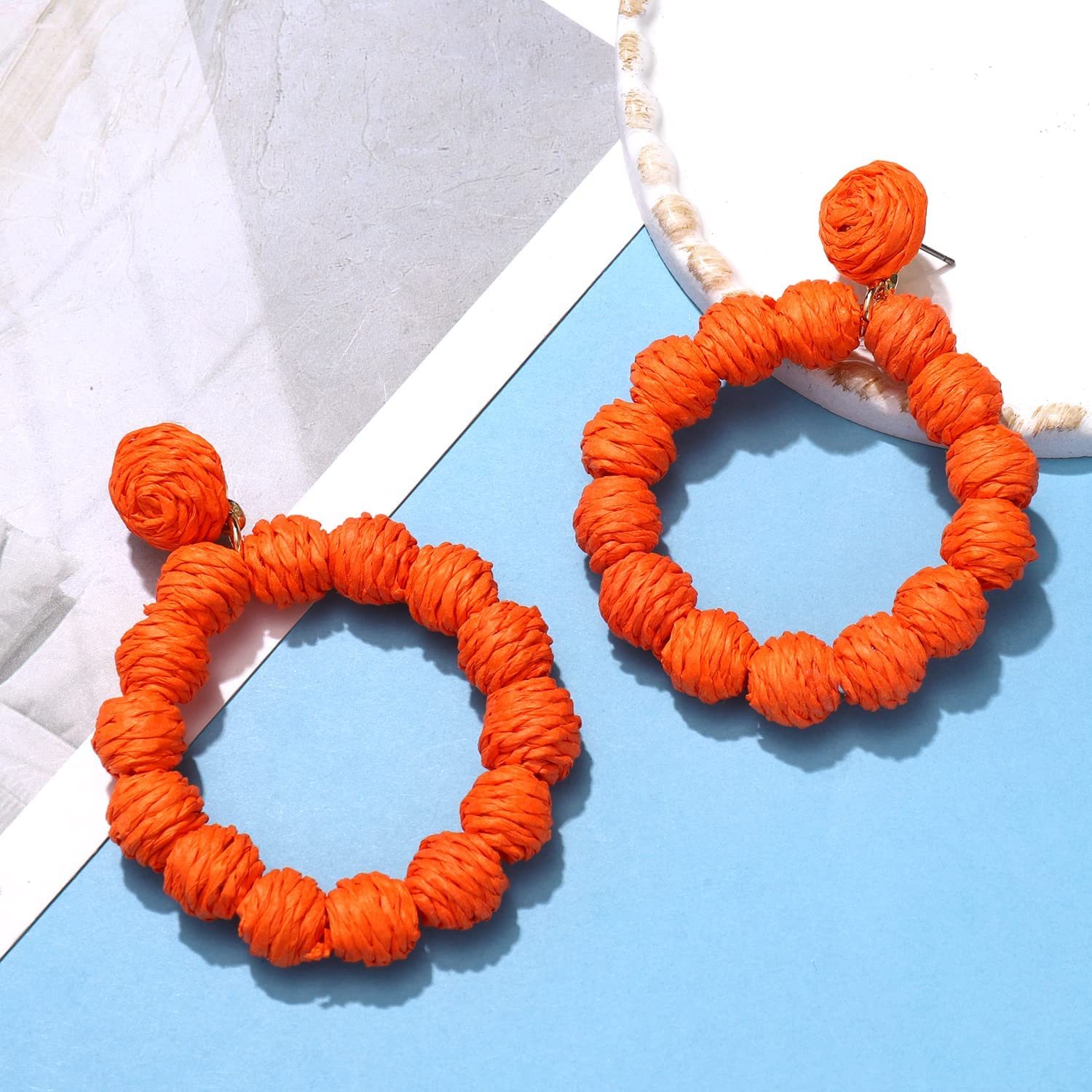Rattan Earrings Rattan Ball Hoop Dangle Earrings for Women Handmade Bohemia Earrings Braid Straw Wicker Raffia Earrings Summer Beach Accessory Gifts