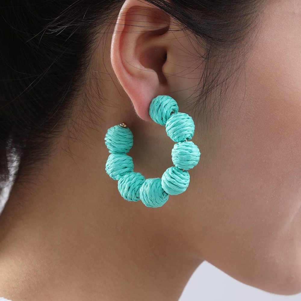 Rattan Earrings Summer Boho Raffia Ball Hoop Dangle Earring for Women Girls Lightweight Straw Wicker Statement Bohemian Beach Ear Jewelry Gifts