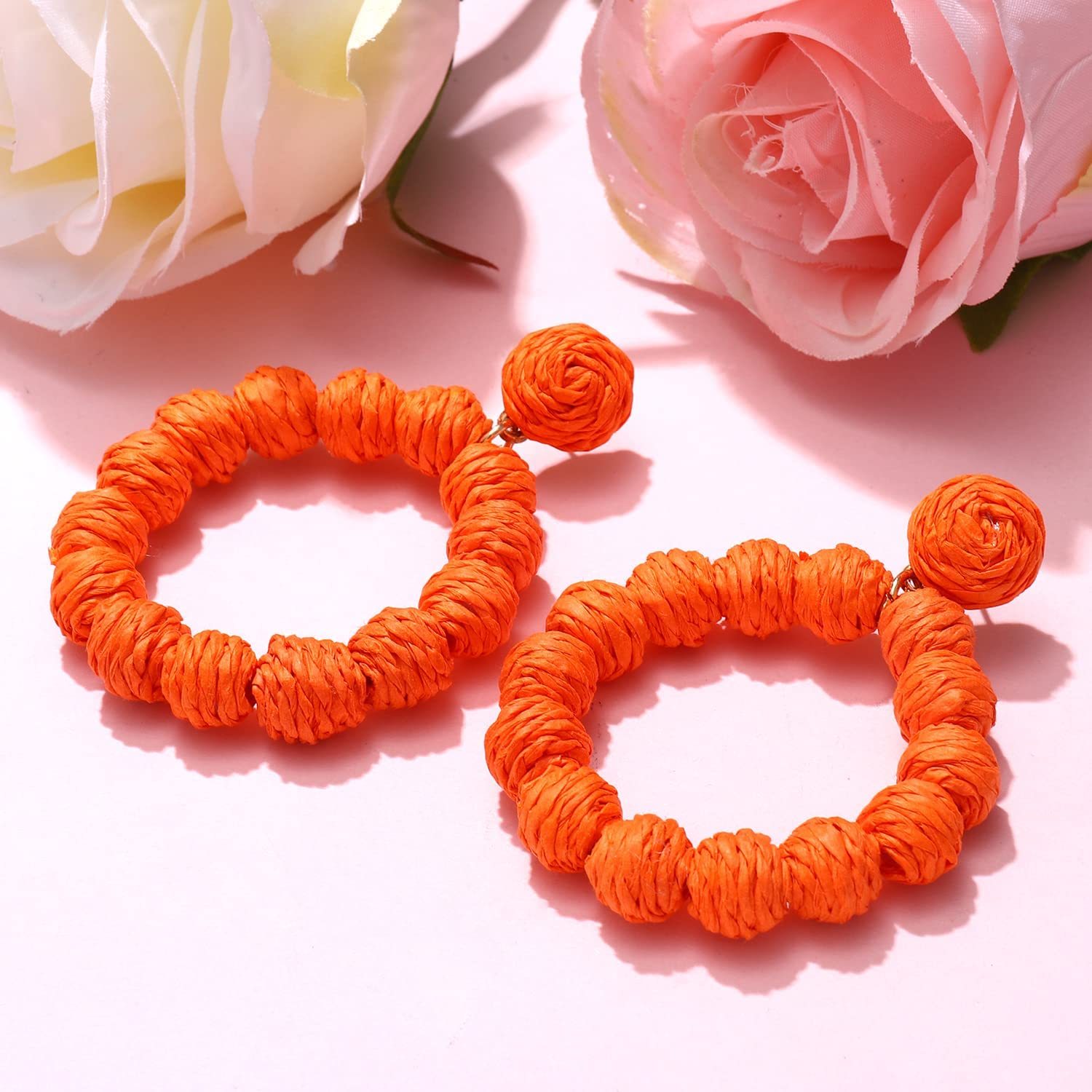 Rattan Earrings Rattan Ball Hoop Dangle Earrings for Women Handmade Bohemia Earrings Braid Straw Wicker Raffia Earrings Summer Beach Accessory Gifts