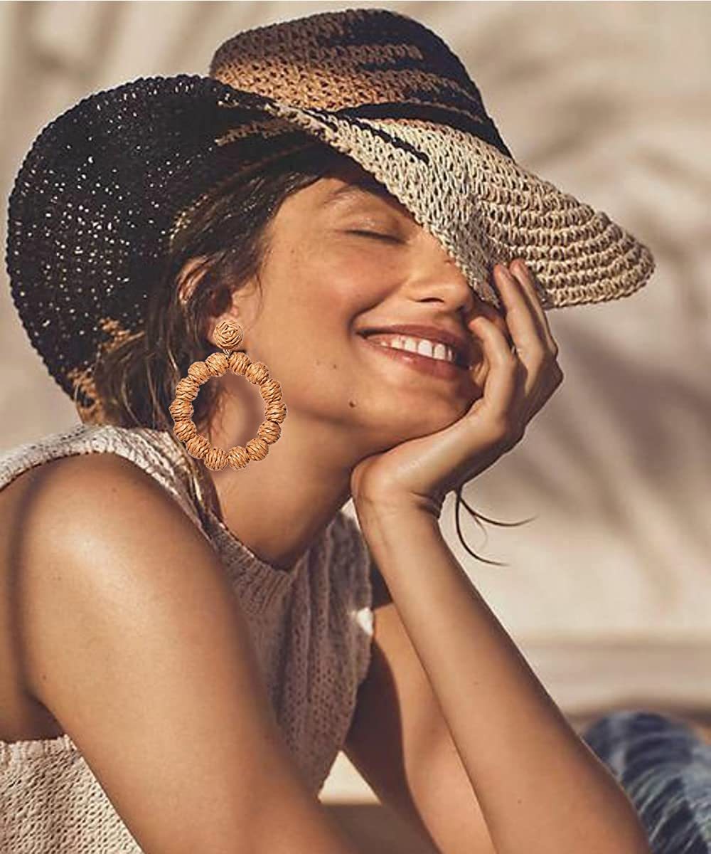 Rattan Earrings Rattan Ball Hoop Dangle Earrings for Women Handmade Bohemia Earrings Braid Straw Wicker Raffia Earrings Summer Beach Accessory Gifts