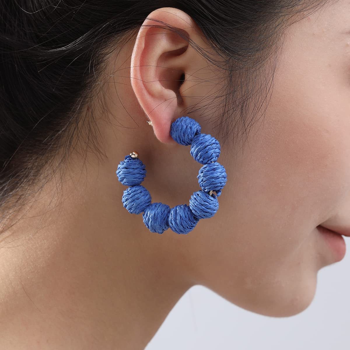 Rattan Earrings Summer Boho Raffia Ball Hoop Dangle Earring for Women Girls Lightweight Straw Wicker Statement Bohemian Beach Ear Jewelry Gifts