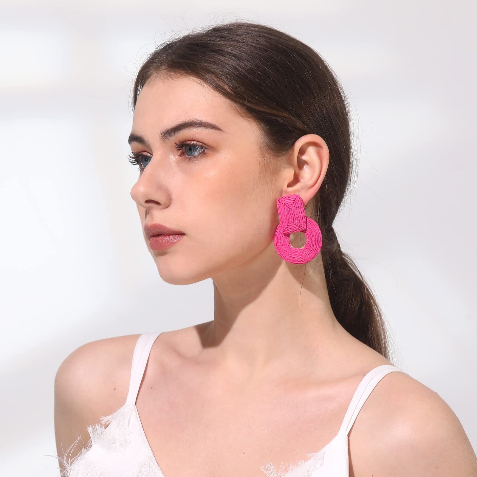 Tatement Raffia Round Earrings - Boho Drop Handmade Straw Earrings - Geometric Dangle Earrings for Women Girls