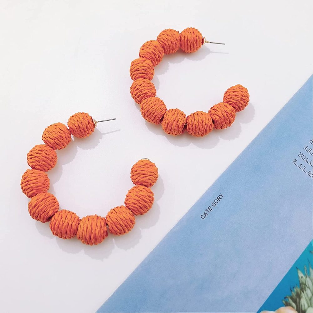 Rattan Earrings Summer Boho Raffia Ball Hoop Dangle Earring for Women Girls Lightweight Straw Wicker Statement Bohemian Beach Ear Jewelry Gifts