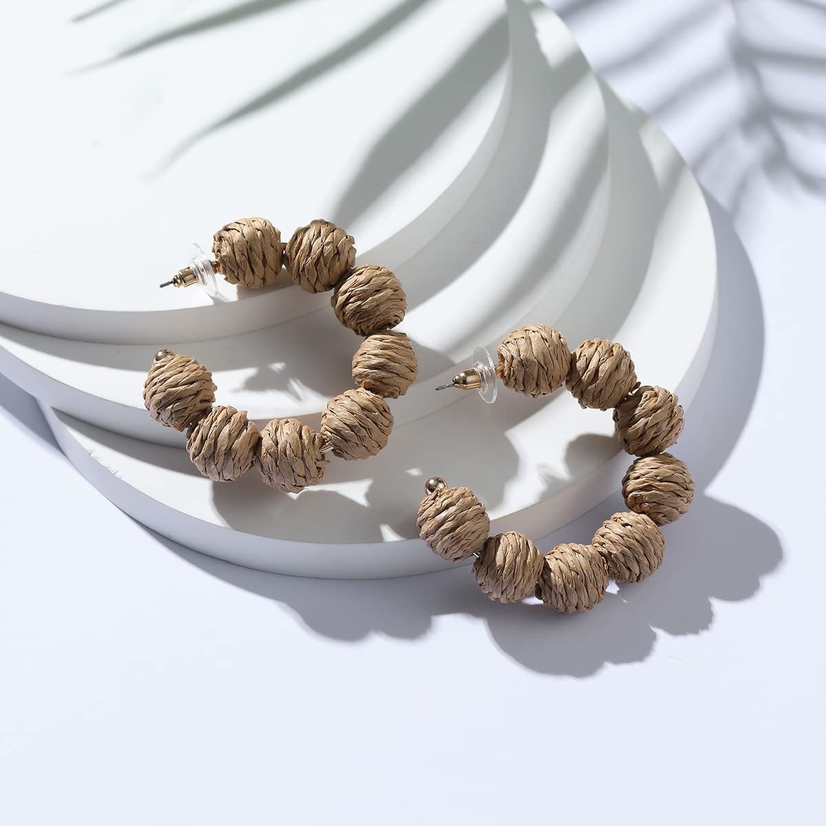 Rattan Earrings Summer Boho Raffia Ball Hoop Dangle Earring for Women Girls Lightweight Straw Wicker Statement Bohemian Beach Ear Jewelry Gifts