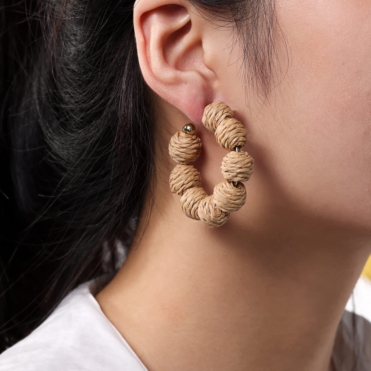 Rattan Earrings Summer Boho Raffia Ball Hoop Dangle Earring for Women Girls Lightweight Straw Wicker Statement Bohemian Beach Ear Jewelry Gifts