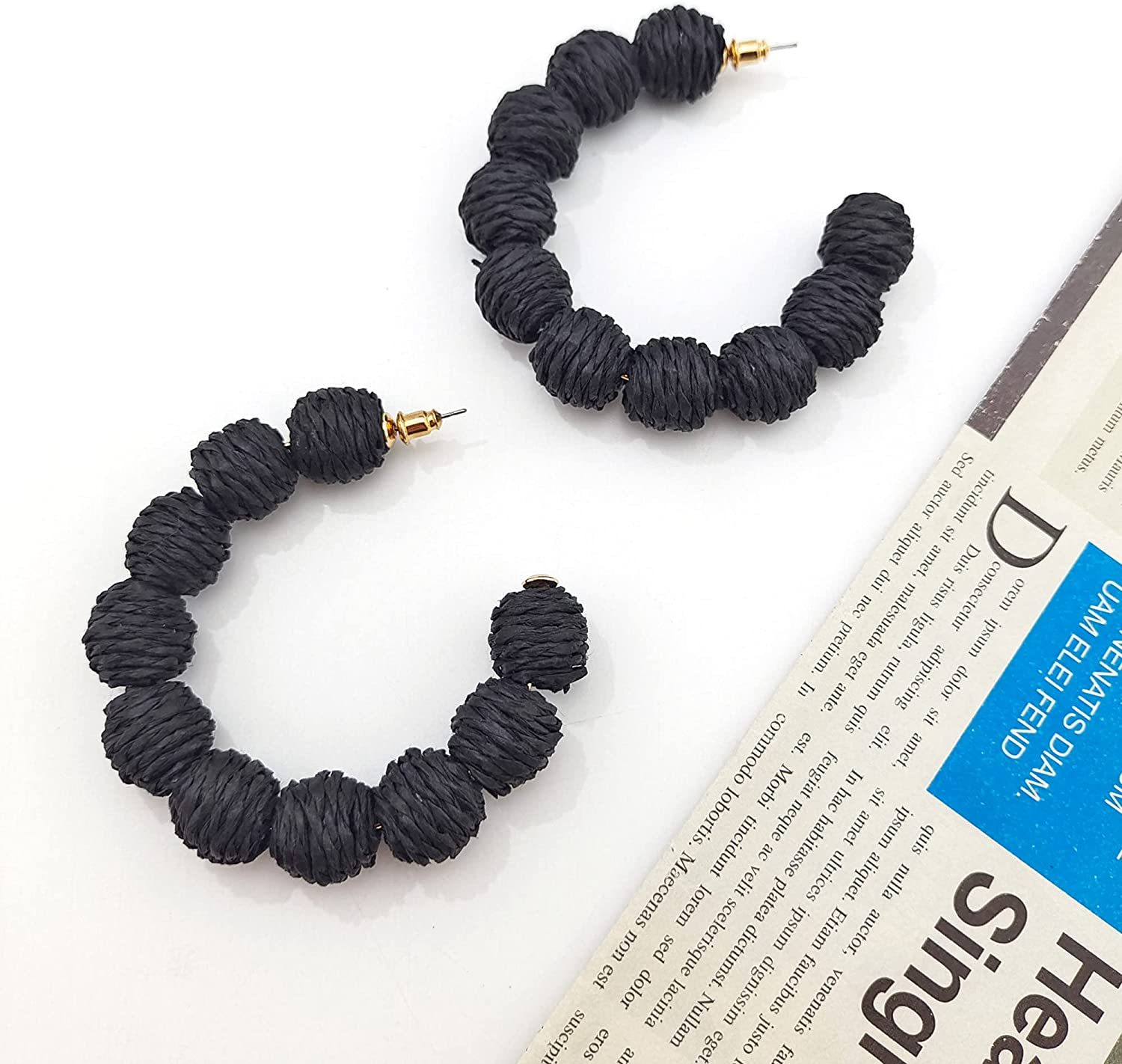 Rattan Earrings Summer Boho Raffia Ball Hoop Dangle Earring for Women Girls Lightweight Straw Wicker Statement Bohemian Beach Ear Jewelry Gifts