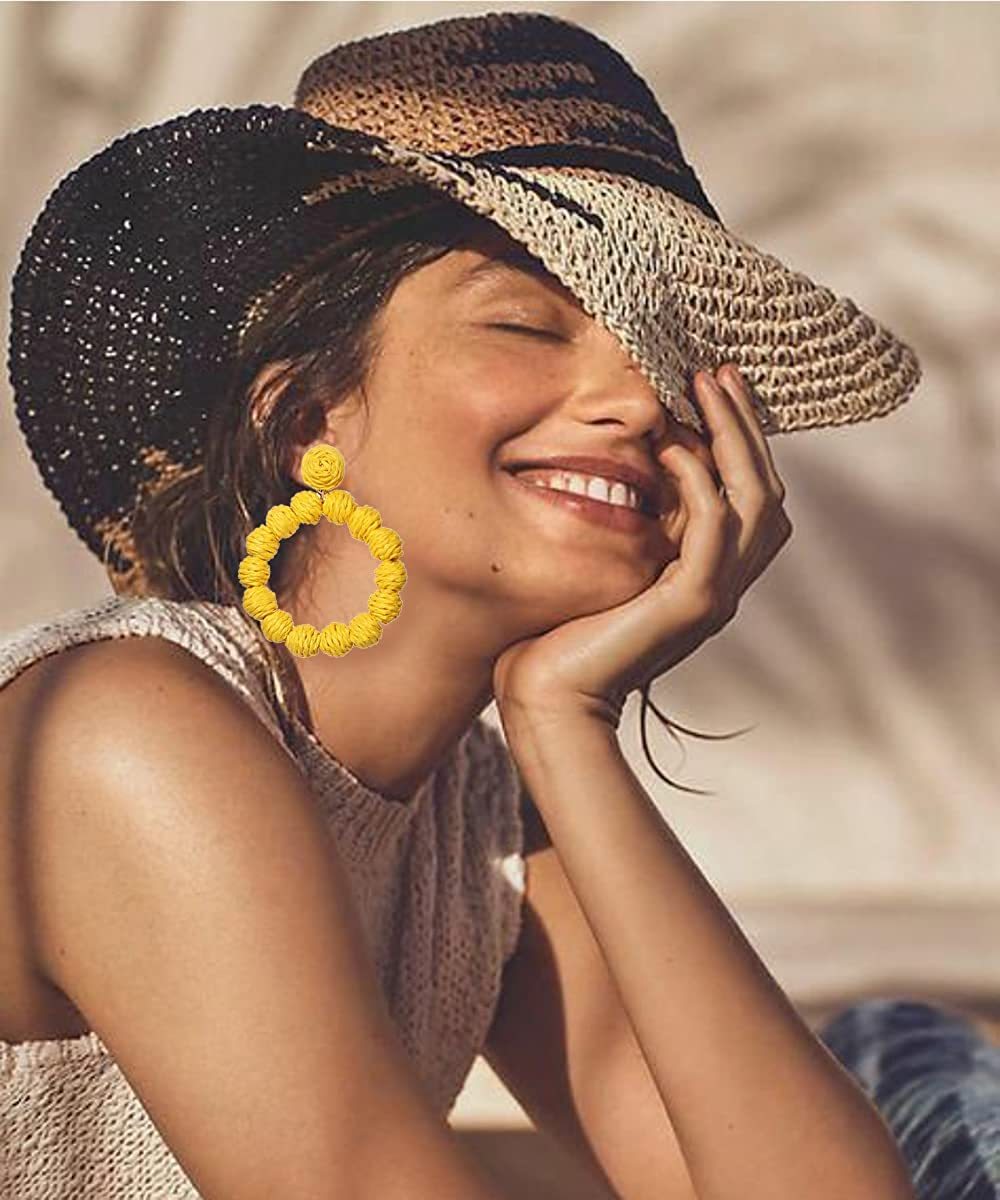 Rattan Earrings Rattan Ball Hoop Dangle Earrings for Women Handmade Bohemia Earrings Braid Straw Wicker Raffia Earrings Summer Beach Accessory Gifts