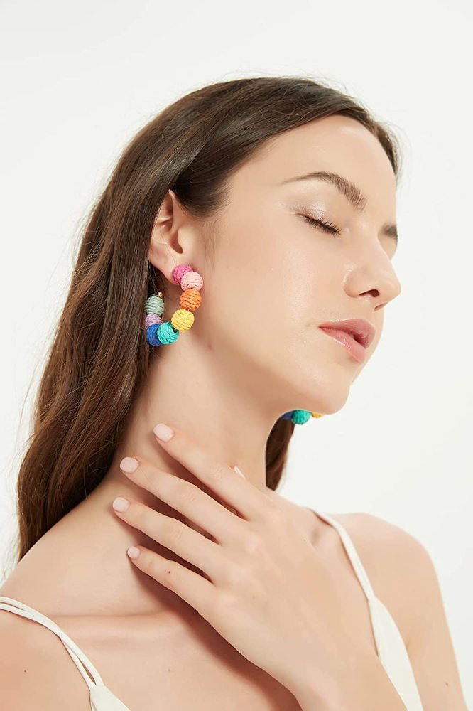 Rattan Earrings Summer Boho Raffia Ball Hoop Dangle Earring for Women Girls Lightweight Straw Wicker Statement Bohemian Beach Ear Jewelry Gifts