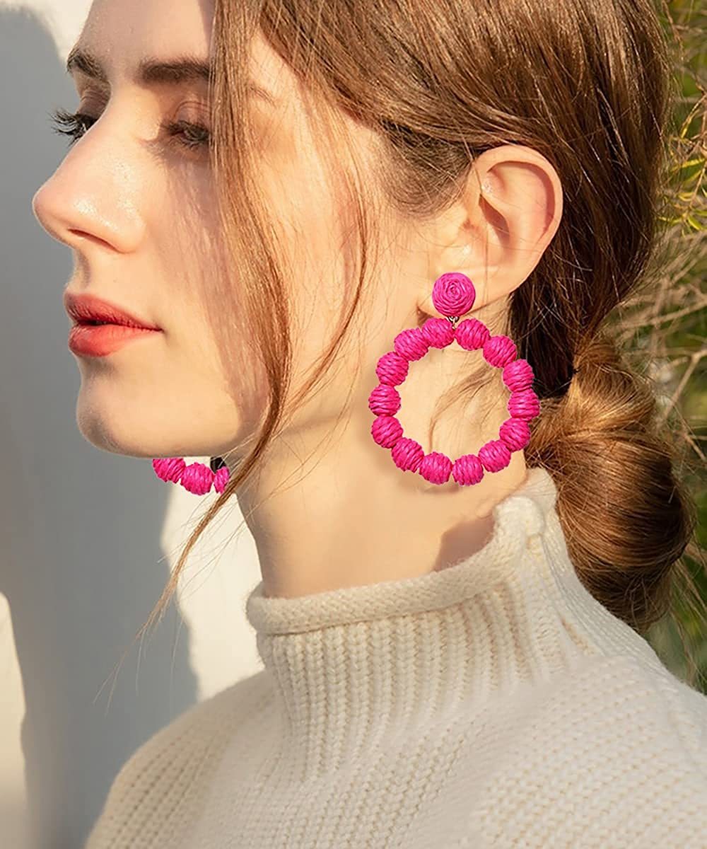 Rattan Earrings Rattan Ball Hoop Dangle Earrings for Women Handmade Bohemia Earrings Braid Straw Wicker Raffia Earrings Summer Beach Accessory Gifts