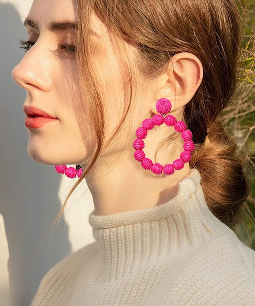 Rattan Earrings Rattan Ball Hoop Dangle Earrings for Women Handmade Bohemia Earrings Braid Straw Wicker Raffia Earrings Summer Beach Accessory Gifts