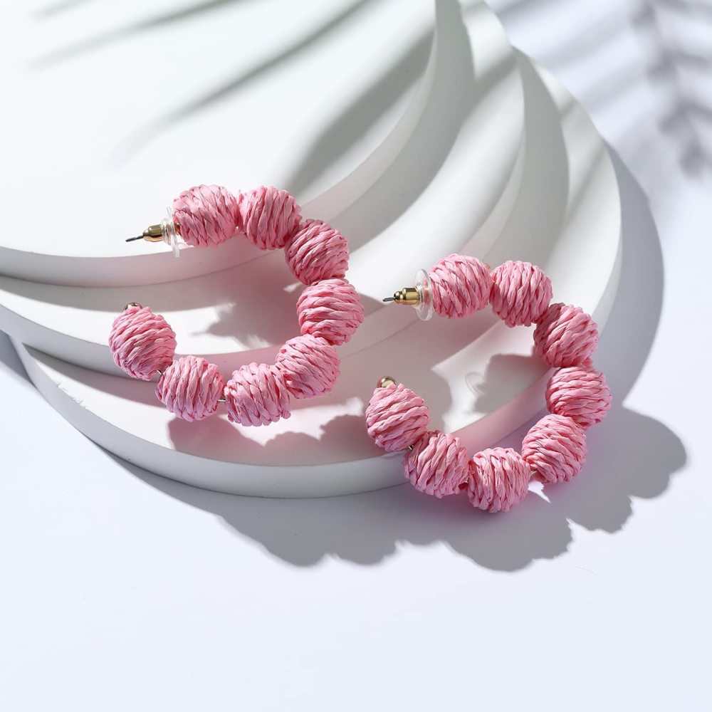 Rattan Earrings Summer Boho Raffia Ball Hoop Dangle Earring for Women Girls Lightweight Straw Wicker Statement Bohemian Beach Ear Jewelry Gifts