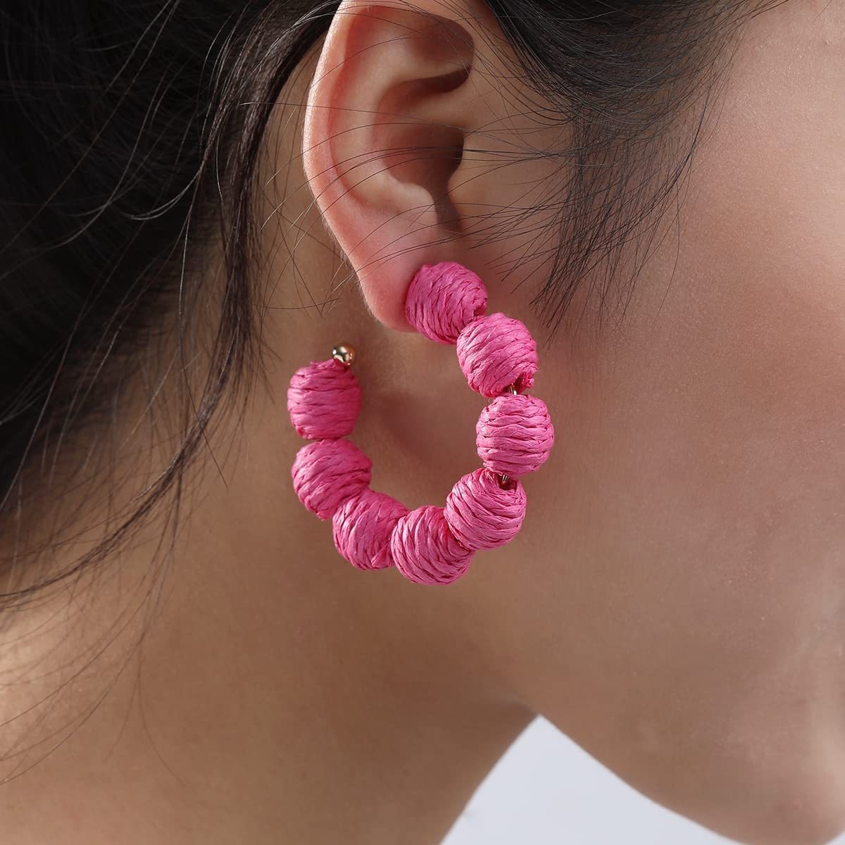 Rattan Earrings Summer Boho Raffia Ball Hoop Dangle Earring for Women Girls Lightweight Straw Wicker Statement Bohemian Beach Ear Jewelry Gifts
