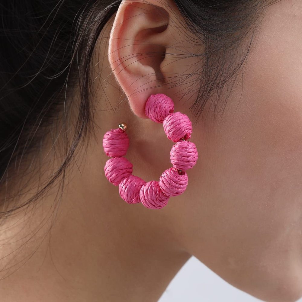 Rattan Earrings Summer Boho Raffia Ball Hoop Dangle Earring for Women Girls Lightweight Straw Wicker Statement Bohemian Beach Ear Jewelry Gifts
