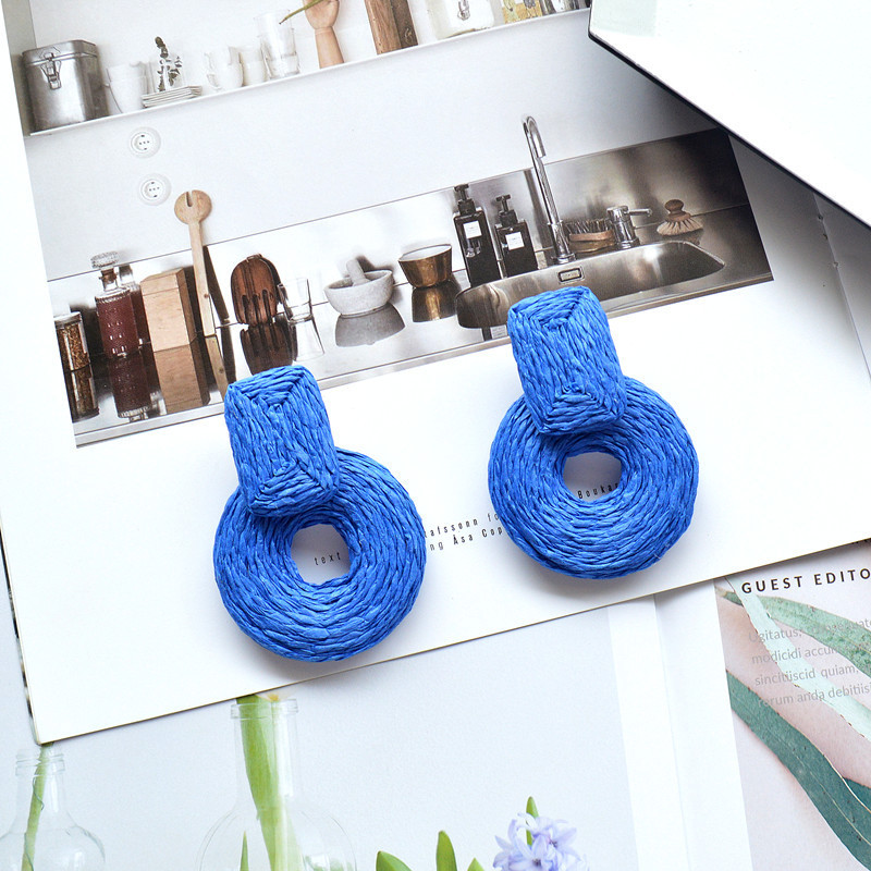 Tatement Raffia Round Earrings - Boho Drop Handmade Straw Earrings - Geometric Dangle Earrings for Women Girls