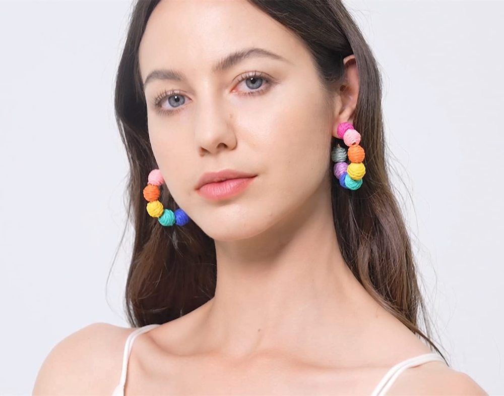 Rattan Earrings Summer Boho Raffia Ball Hoop Dangle Earring for Women Girls Lightweight Straw Wicker Statement Bohemian Beach Ear Jewelry Gifts