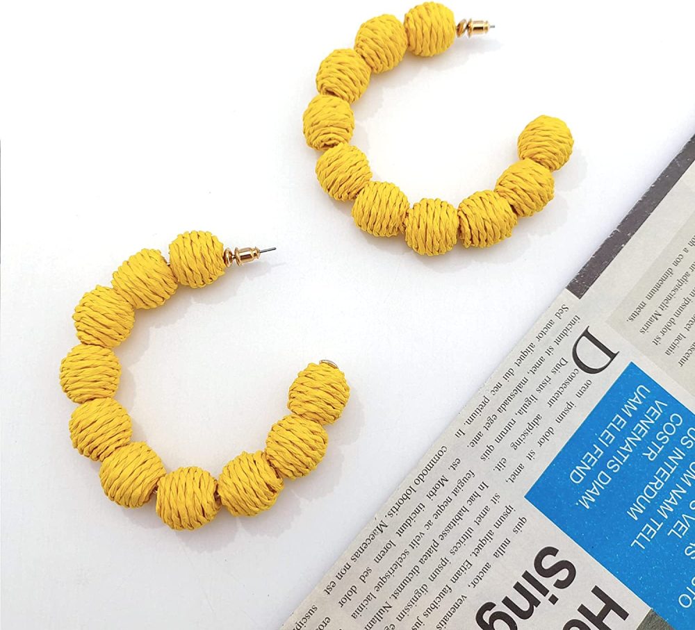 Rattan Earrings Summer Boho Raffia Ball Hoop Dangle Earring for Women Girls Lightweight Straw Wicker Statement Bohemian Beach Ear Jewelry Gifts