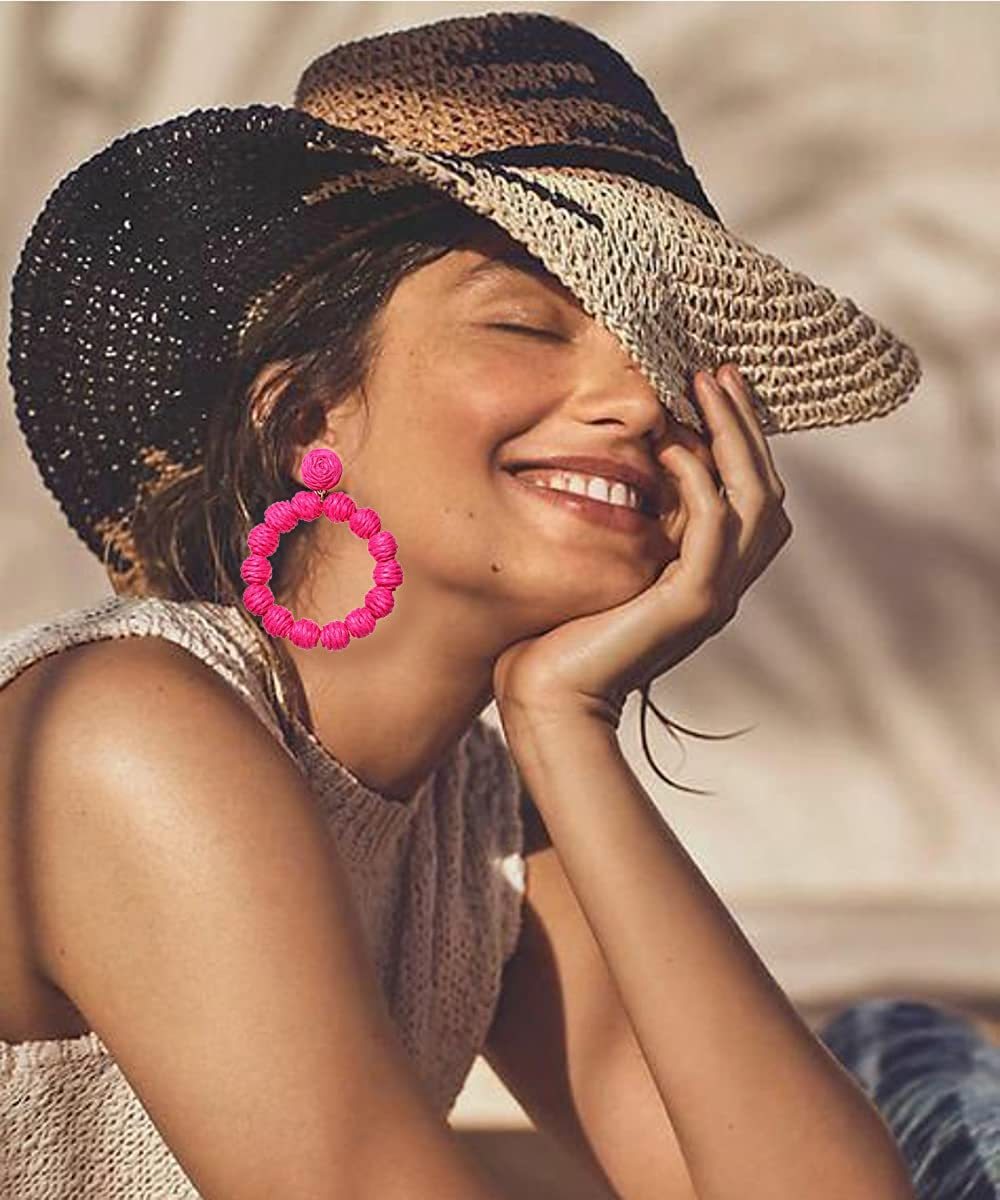Rattan Earrings Rattan Ball Hoop Dangle Earrings for Women Handmade Bohemia Earrings Braid Straw Wicker Raffia Earrings Summer Beach Accessory Gifts