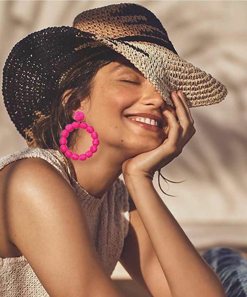 Rattan Earrings Rattan Ball Hoop Dangle Earrings for Women Handmade Bohemia Earrings Braid Straw Wicker Raffia Earrings Summer Beach Accessory Gifts