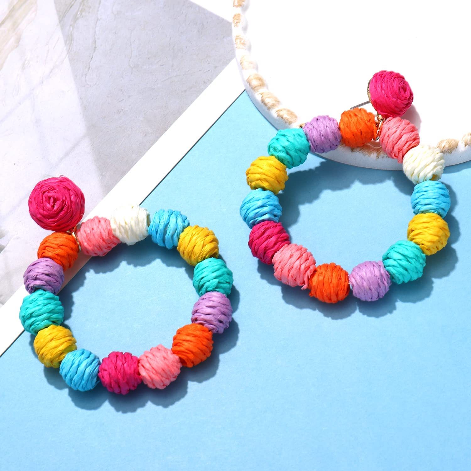 Rattan Earrings Rattan Ball Hoop Dangle Earrings for Women Handmade Bohemia Earrings Braid Straw Wicker Raffia Earrings Summer Beach Accessory Gifts