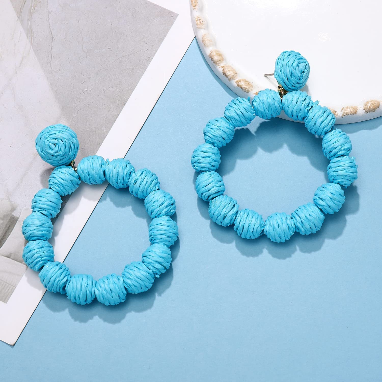 Rattan Earrings Rattan Ball Hoop Dangle Earrings for Women Handmade Bohemia Earrings Braid Straw Wicker Raffia Earrings Summer Beach Accessory Gifts