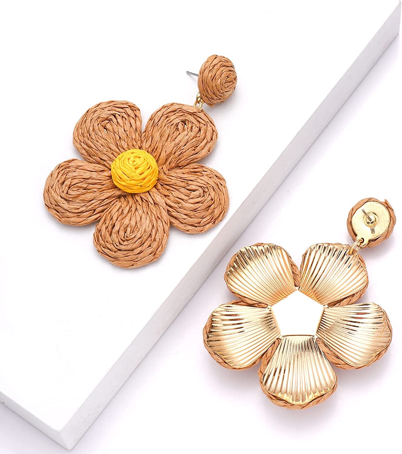 Raffia Earring Boho Handmade Woven Straw Rattan Flower Drop Earrings Geometric Lantern Dangle Earrings for Women Girls Summer Beach Jewelry