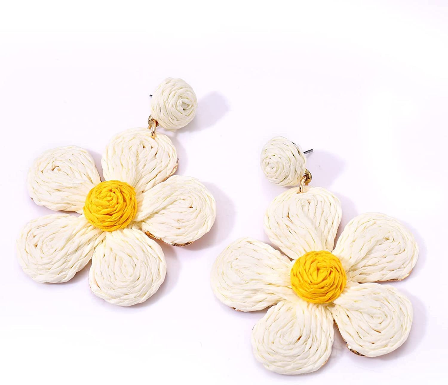 Raffia Earring Boho Handmade Woven Straw Rattan Flower Drop Earrings Geometric Lantern Dangle Earrings for Women Girls Summer Beach Jewelry