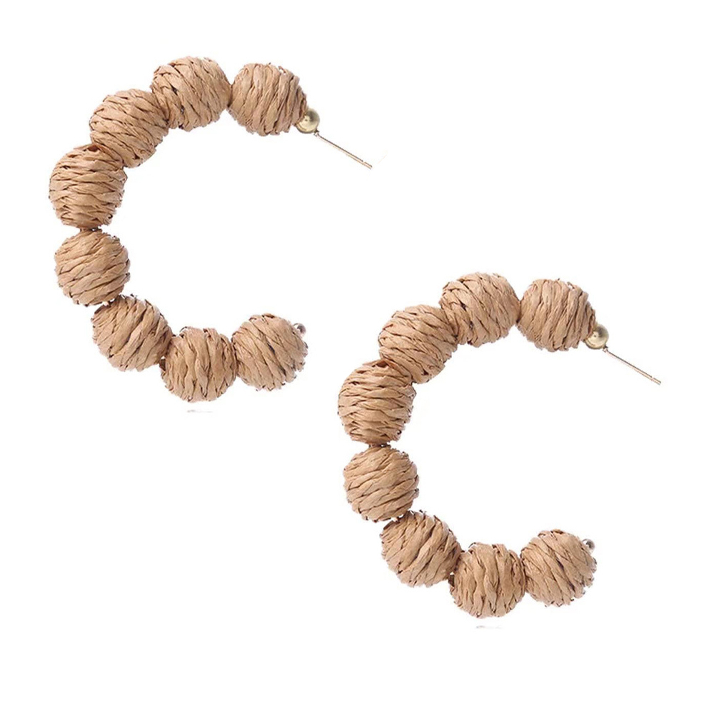 Rattan Earrings Summer Boho Raffia Ball Hoop Dangle Earring for Women Girls Lightweight Straw Wicker Statement Bohemian Beach Ear Jewelry Gifts