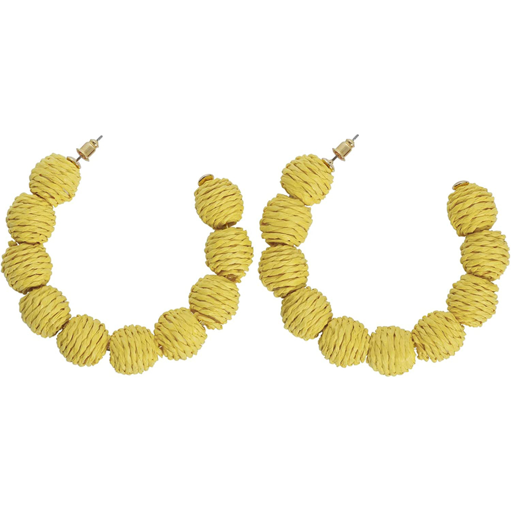 Rattan Earrings Summer Boho Raffia Ball Hoop Dangle Earring for Women Girls Lightweight Straw Wicker Statement Bohemian Beach Ear Jewelry Gifts
