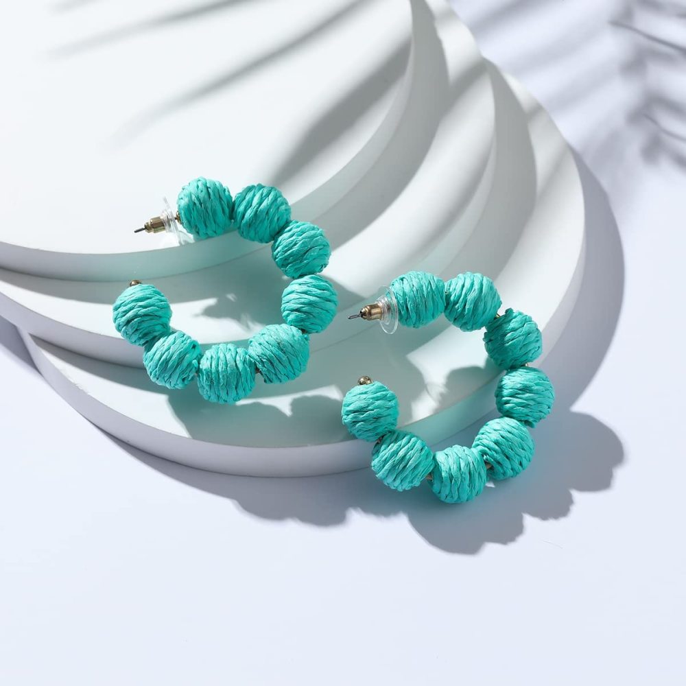 Rattan Earrings Summer Boho Raffia Ball Hoop Dangle Earring for Women Girls Lightweight Straw Wicker Statement Bohemian Beach Ear Jewelry Gifts