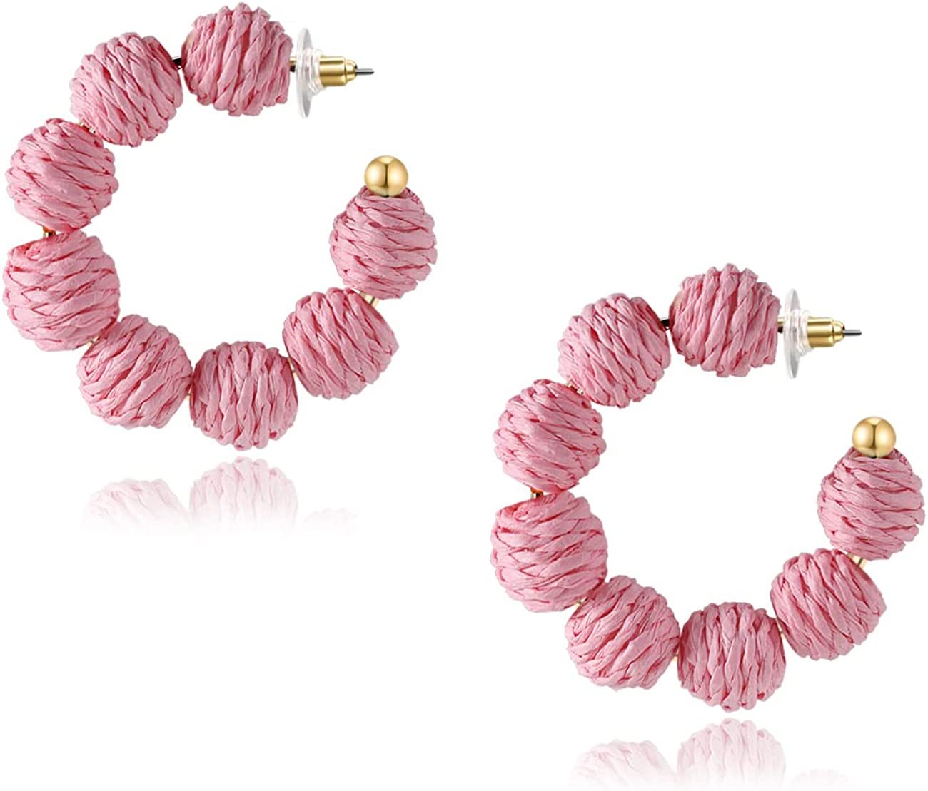 Rattan Earrings Summer Boho Raffia Ball Hoop Dangle Earring for Women Girls Lightweight Straw Wicker Statement Bohemian Beach Ear Jewelry Gifts