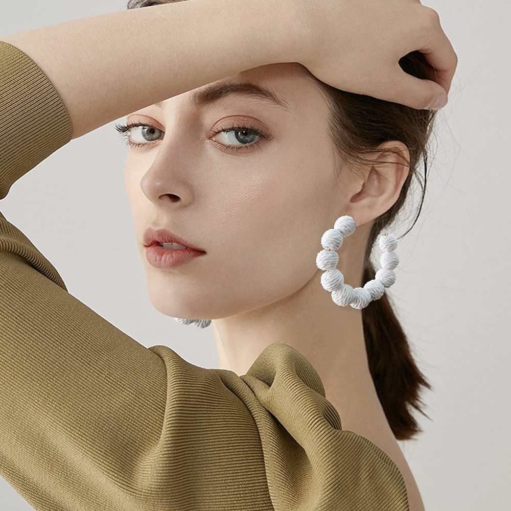 Rattan Earrings Summer Boho Raffia Ball Hoop Dangle Earring for Women Girls Lightweight Straw Wicker Statement Bohemian Beach Ear Jewelry Gifts