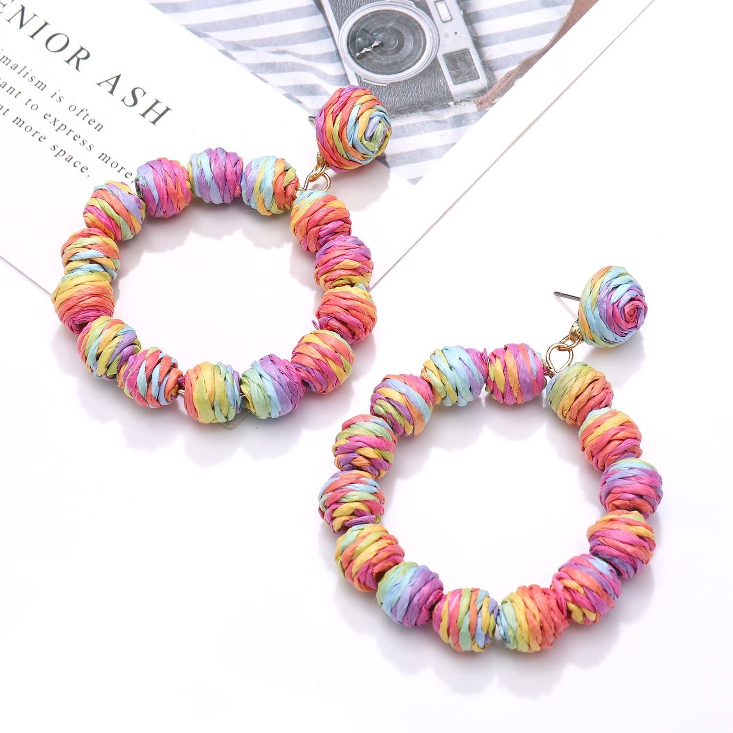 Rattan Earrings Rattan Ball Hoop Dangle Earrings for Women Handmade Bohemia Earrings Braid Straw Wicker Raffia Earrings Summer Beach Accessory Gifts