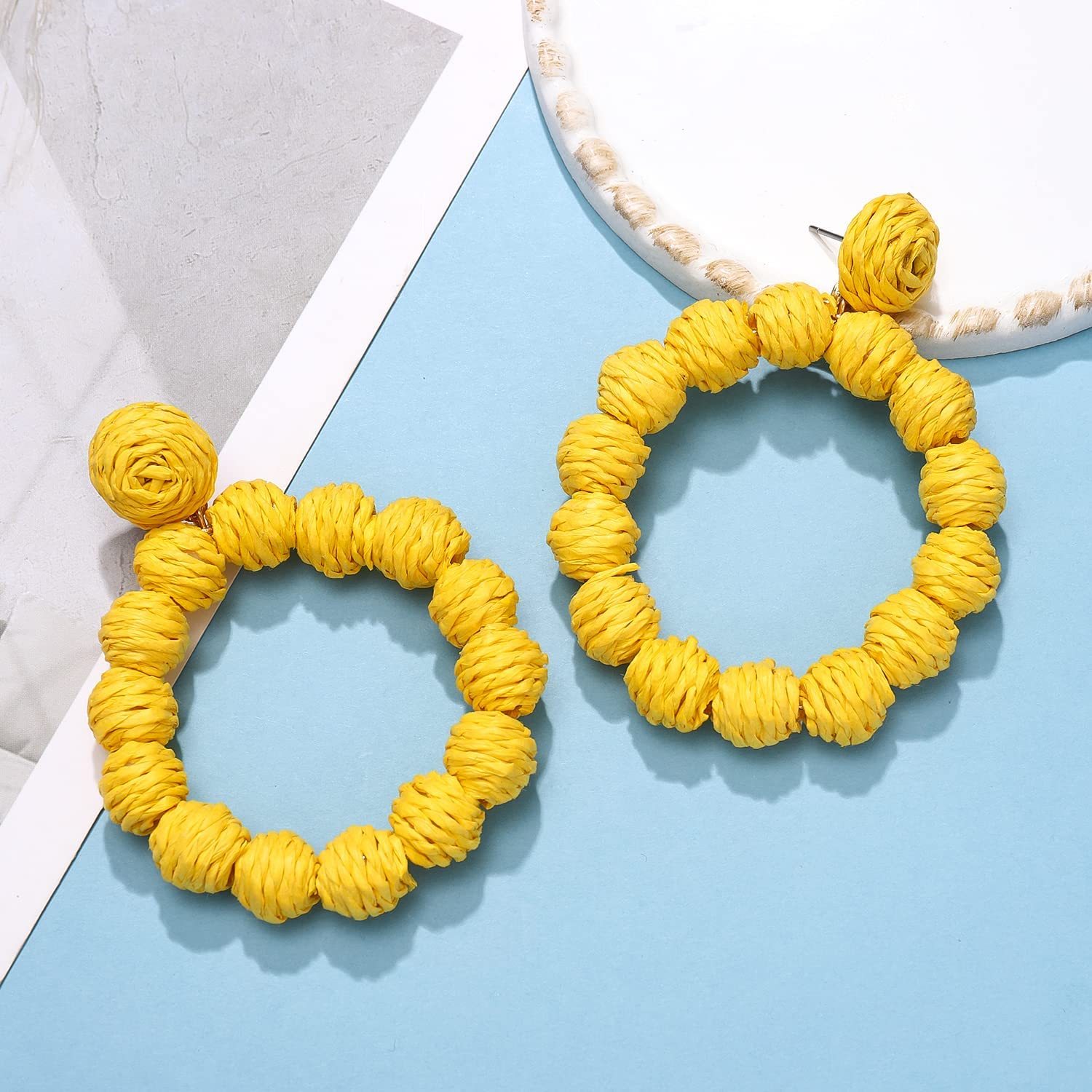 Rattan Earrings Rattan Ball Hoop Dangle Earrings for Women Handmade Bohemia Earrings Braid Straw Wicker Raffia Earrings Summer Beach Accessory Gifts