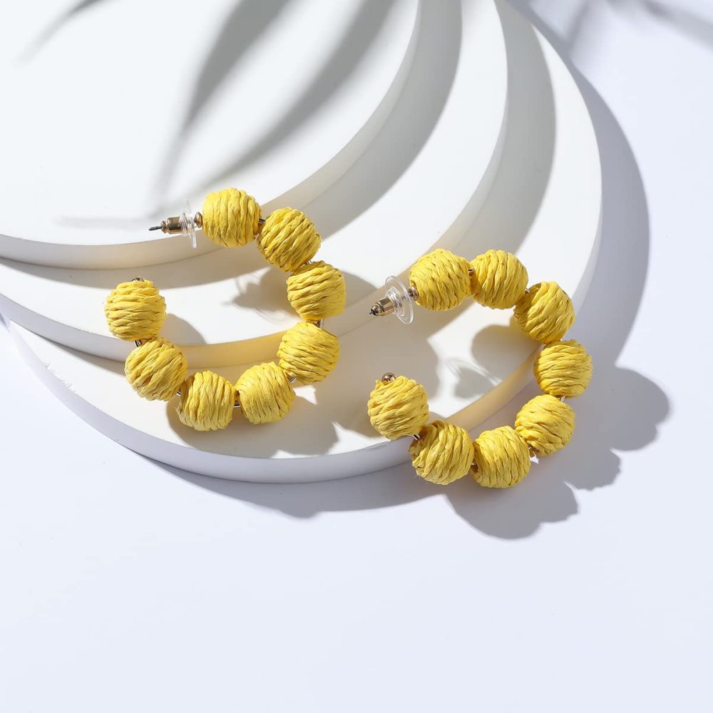 Rattan Earrings Summer Boho Raffia Ball Hoop Dangle Earring for Women Girls Lightweight Straw Wicker Statement Bohemian Beach Ear Jewelry Gifts