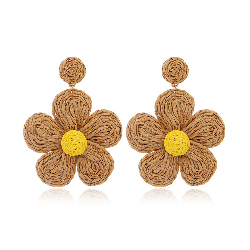 Raffia Earring Boho Handmade Woven Straw Rattan Flower Drop Earrings Geometric Lantern Dangle Earrings for Women Girls Summer Beach Jewelry