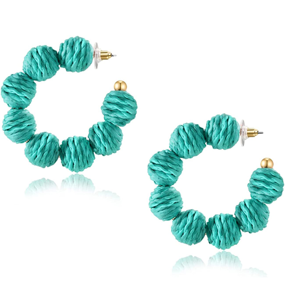 Rattan Earrings Summer Boho Raffia Ball Hoop Dangle Earring for Women Girls Lightweight Straw Wicker Statement Bohemian Beach Ear Jewelry Gifts