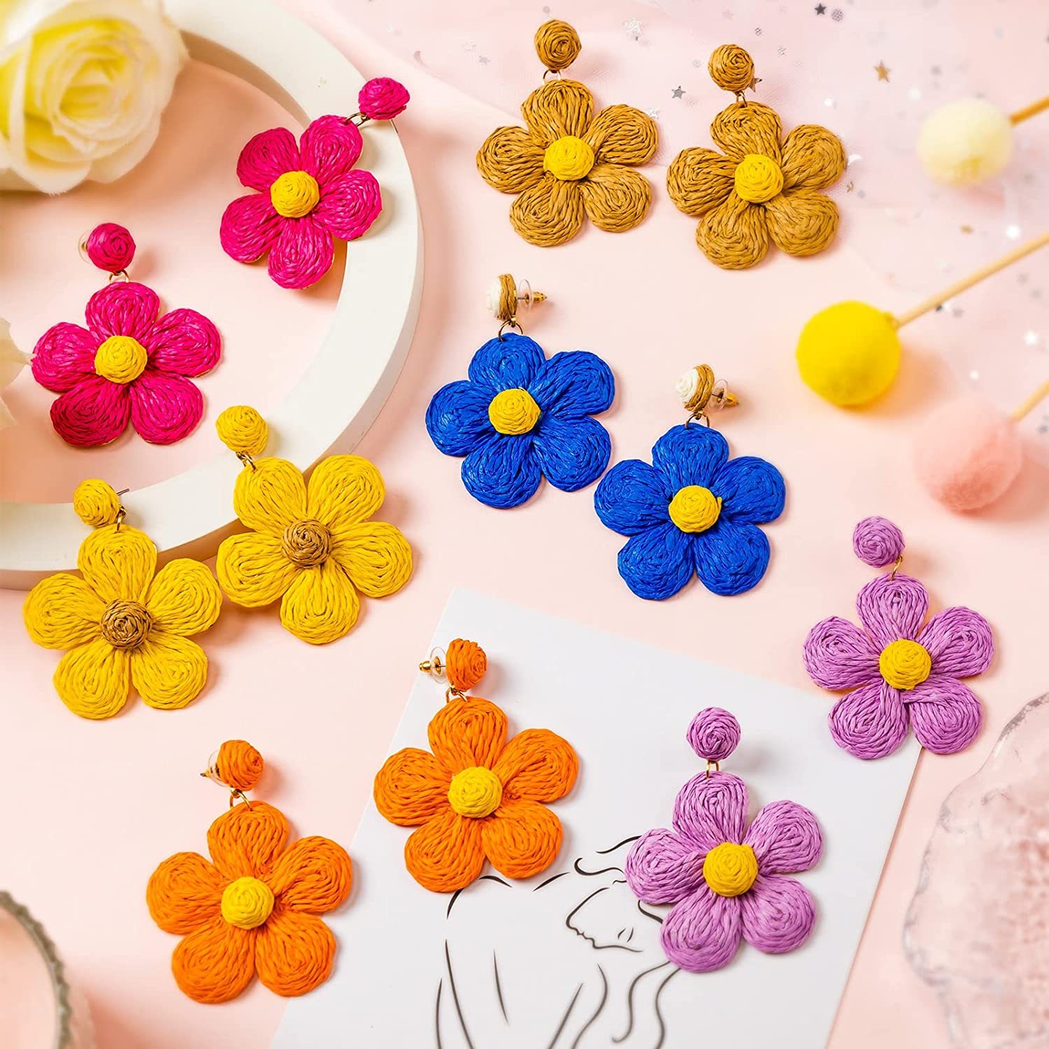 Raffia Earring Boho Handmade Woven Straw Rattan Flower Drop Earrings Geometric Lantern Dangle Earrings for Women Girls Summer Beach Jewelry