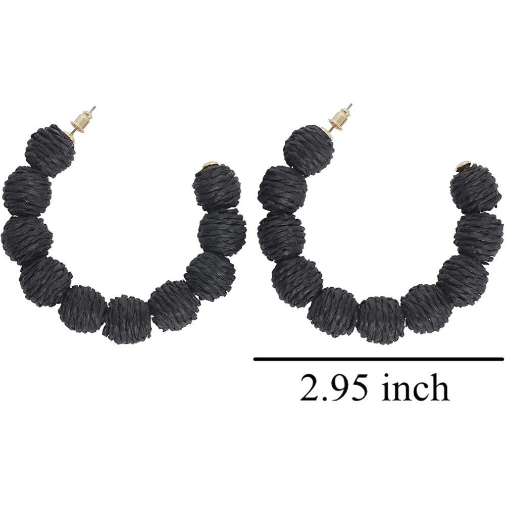 Rattan Earrings Summer Boho Raffia Ball Hoop Dangle Earring for Women Girls Lightweight Straw Wicker Statement Bohemian Beach Ear Jewelry Gifts