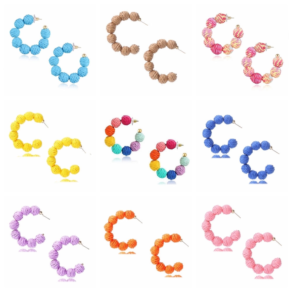 Rattan Earrings Summer Boho Raffia Ball Hoop Dangle Earring for Women Girls Lightweight Straw Wicker Statement Bohemian Beach Ear Jewelry Gifts