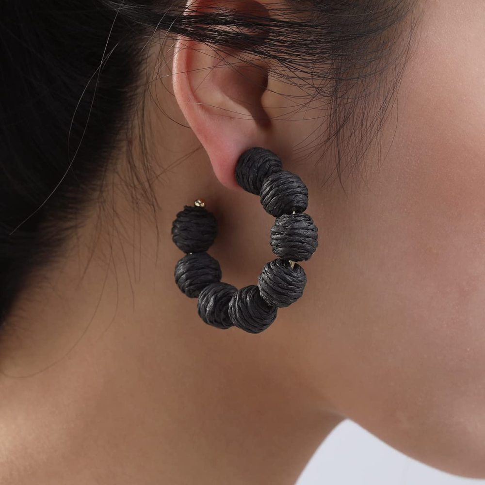 Rattan Earrings Summer Boho Raffia Ball Hoop Dangle Earring for Women Girls Lightweight Straw Wicker Statement Bohemian Beach Ear Jewelry Gifts