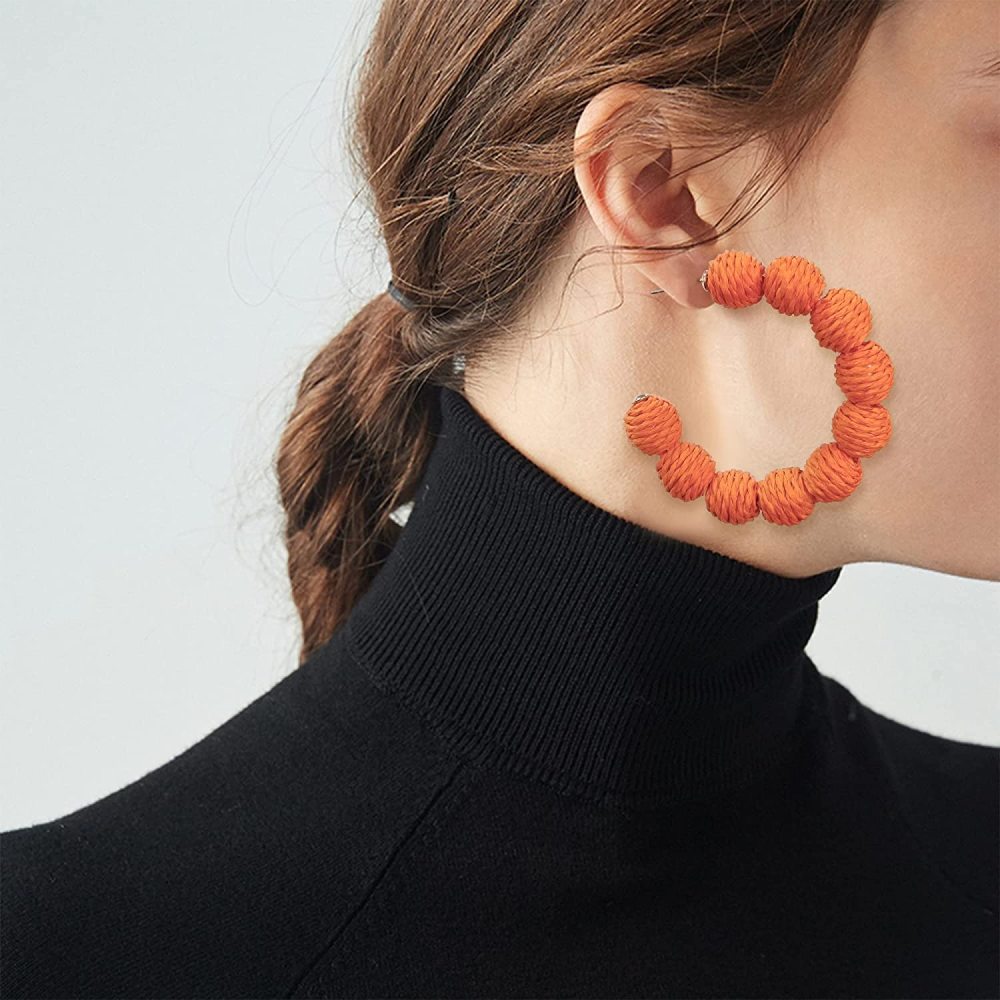 Rattan Earrings Summer Boho Raffia Ball Hoop Dangle Earring for Women Girls Lightweight Straw Wicker Statement Bohemian Beach Ear Jewelry Gifts