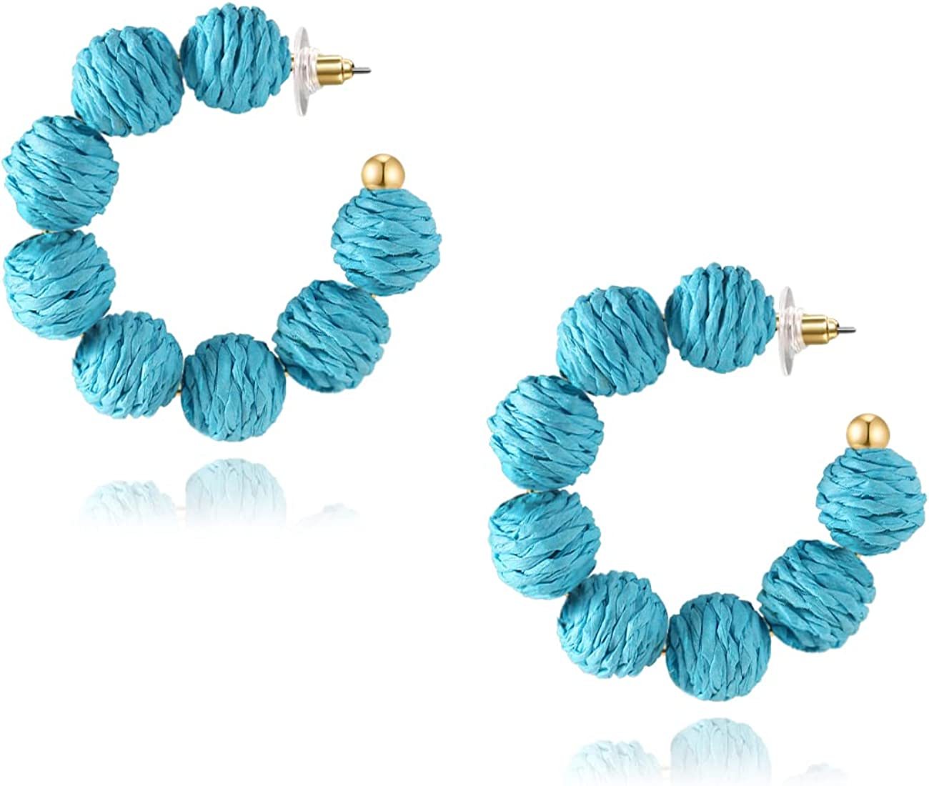 Rattan Earrings Summer Boho Raffia Ball Hoop Dangle Earring for Women Girls Lightweight Straw Wicker Statement Bohemian Beach Ear Jewelry Gifts