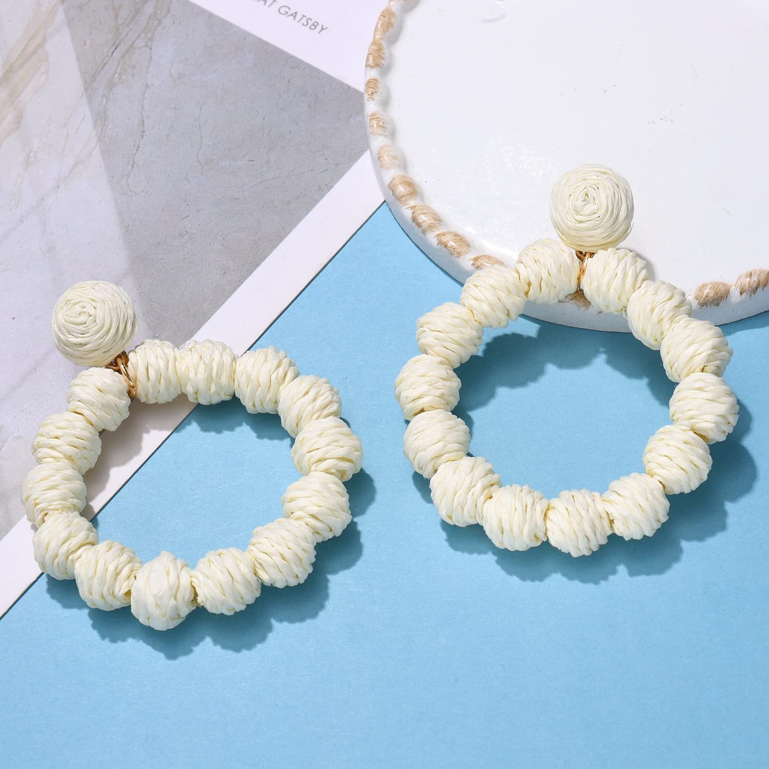 Rattan Earrings Rattan Ball Hoop Dangle Earrings for Women Handmade Bohemia Earrings Braid Straw Wicker Raffia Earrings Summer Beach Accessory Gifts
