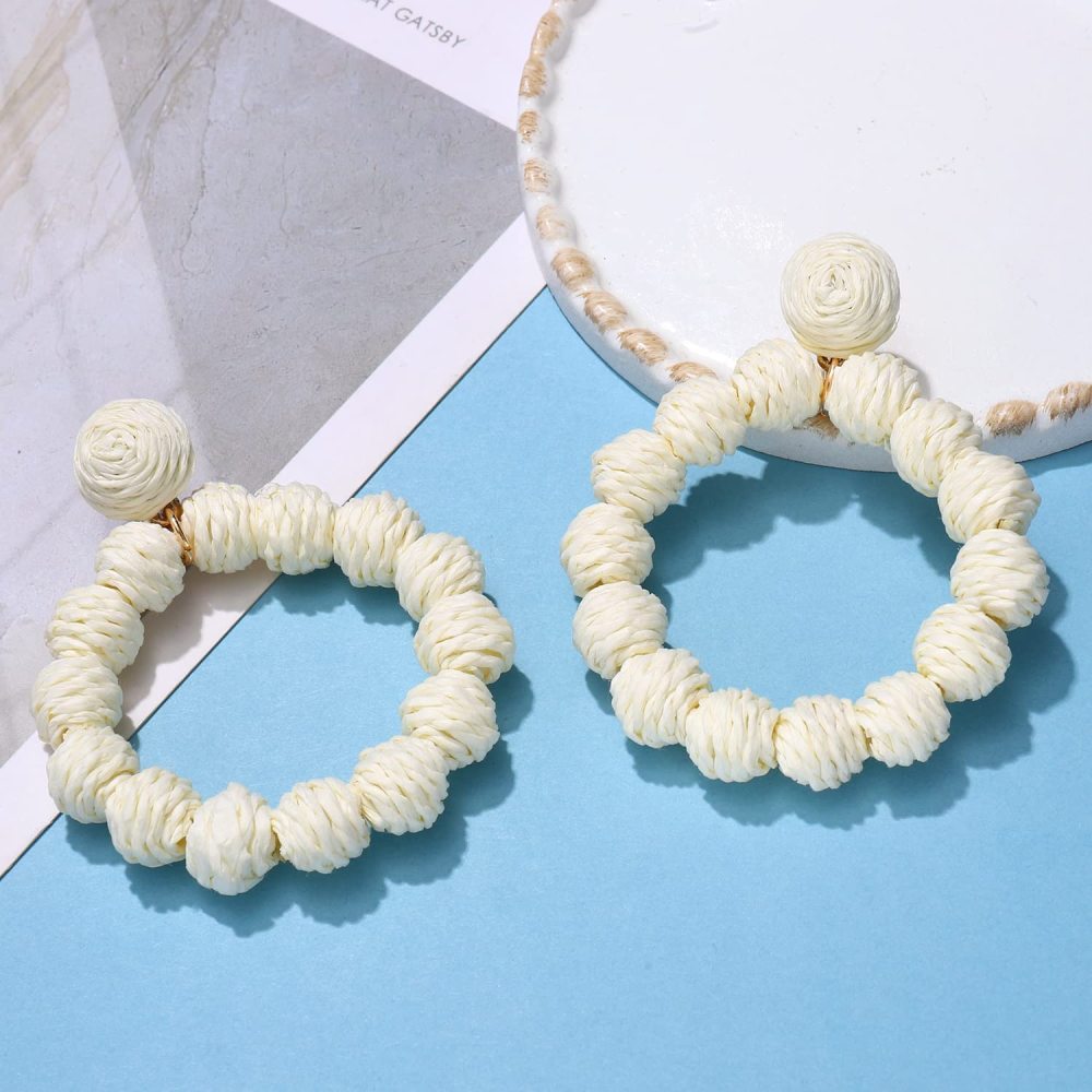 Rattan Earrings Rattan Ball Hoop Dangle Earrings for Women Handmade Bohemia Earrings Braid Straw Wicker Raffia Earrings Summer Beach Accessory Gifts