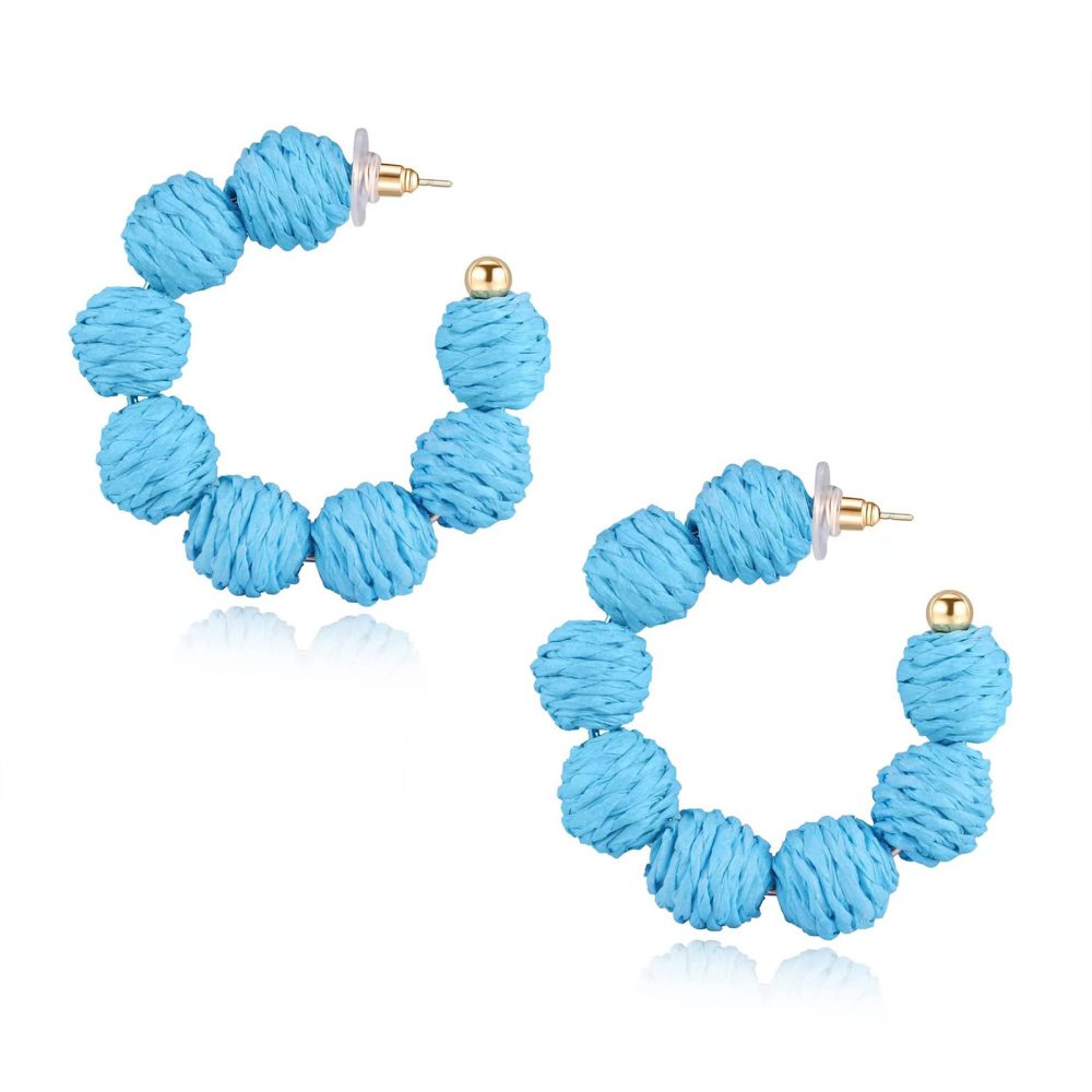 Rattan Earrings Summer Boho Raffia Ball Hoop Dangle Earring for Women Girls Lightweight Straw Wicker Statement Bohemian Beach Ear Jewelry Gifts